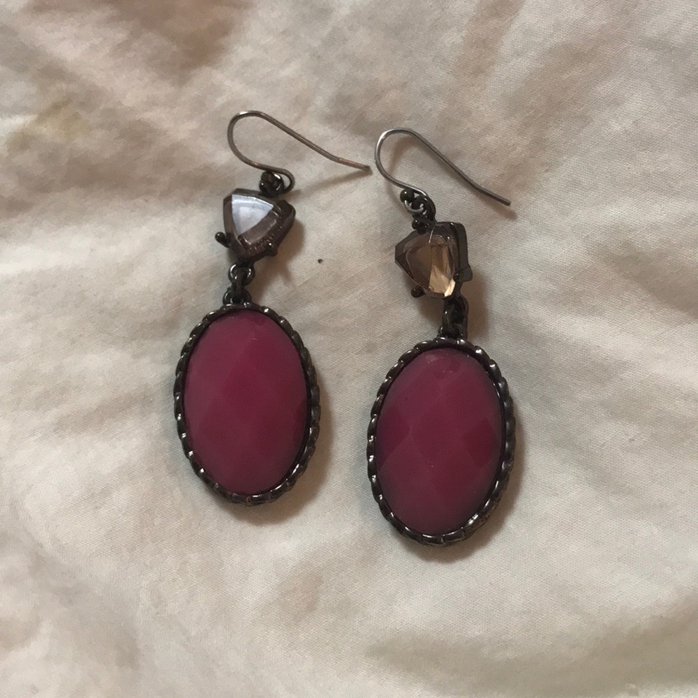 Purple gem amber and brown metal earrings
